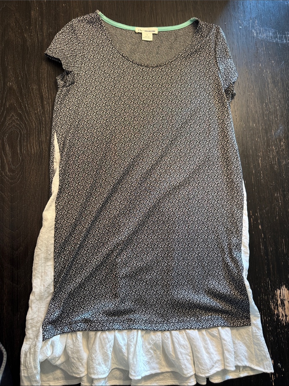 Short-Sleeve Navy Microprint Tunic with White Ruffle Hem
